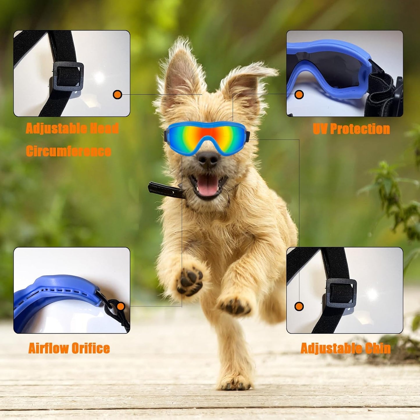 Dog Goggles Small Breed Dog Sunglasses with Adjustable for UV Protection Eyewear Doggy Doggie Puppy Glasses Anti-Fog Wind Dust Snowproof (Blue Frame Red Lens)