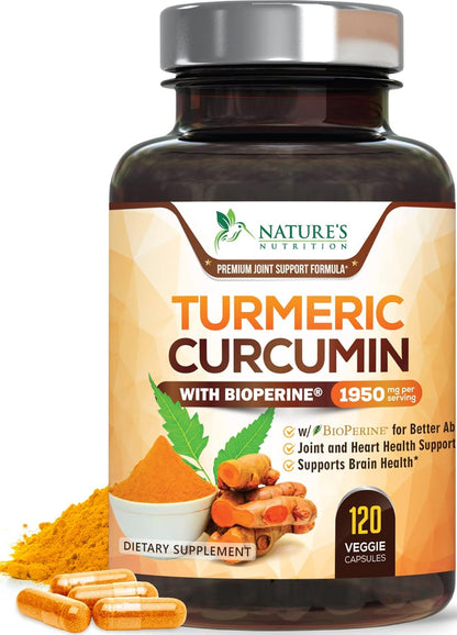 Turmeric Curcumin Supplement 1950mg - 95% Curcuminoids with Organic Turmeric & BioPerine Black Pepper Extract for Best Absorption, Nature's Vegan Joint Support, Non-GMO, Bottled in USA - 120 Capsules