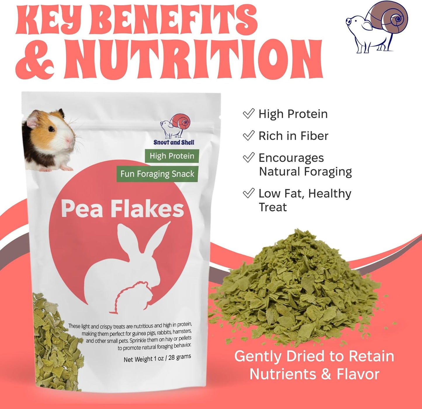 Snout and Shell Pea Flakes for Small Pets – High-Protein Treat for Guinea Pigs, Rabbits, Hamsters, Chinchillas & More – Fun Foraging Snack – 2 oz (28g)