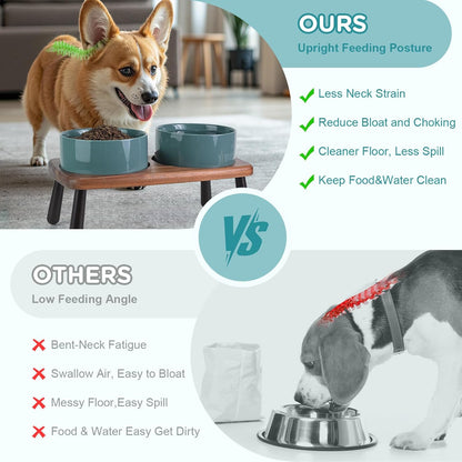 SPUNKYJUNKY Ceramic Elevated Dog Bowls Raised with Acacia Bamboo Wooden Stand, 6.1'' Dog Cat Food Water Bowls Set Non-Slip for Small Medium Sized Breed Microwave Dishwasher Safe - 28.7 OZ,Dark Green