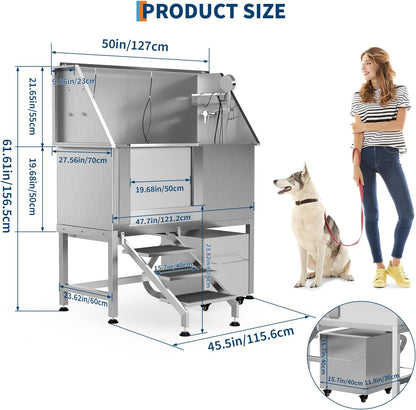 50" Stainless Steel Professional Dog Washing Station - Pet Bathing Tub w/Non-Slip Stairs & Storage Shelf | Slip-Resistant Floor Grate | for Large/Medium/Small Dogs