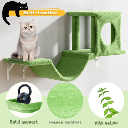NUNU LAB Wall Mounted Cat Furniture, 6 Pcs Cat Wall Shelves with Condo House, Bridge, Steps, Scratcher, Hammock, Indoor Safe & Stable Furniture for Kittens Play, Green