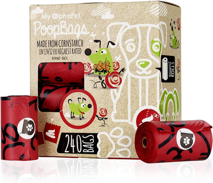 Compostable Dog Poop Bags, Cornstarch Eco-Friendly, HOME COMPOST NF T 51-800, 240 Count, Large Size Bag 9x13 Inches, 16 Unscented Refill Rolls, Leak-proof, Plantbased, GM-Free Corn (Red)