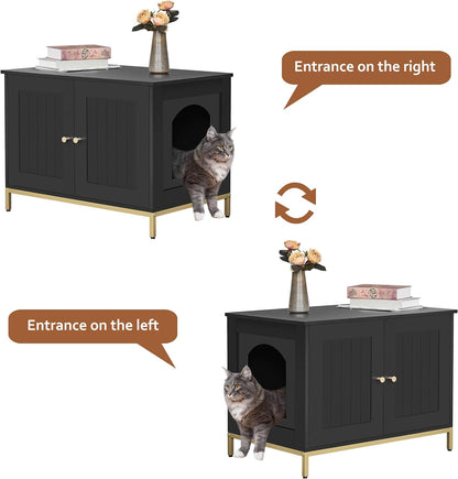 Homhedy Cat Litter Box Enclosure, Cat Washroom Furniture with Metal Frame, Pet House, Fit Most of Litter Box, Modern Style, Black and Gold