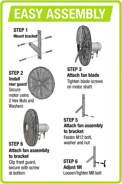 OEMTOOLS 24" Outdoor Wall Mount Fan, 80° Oscillating Fan 6800 CFM Max, Water Resistant, Use in Garage, Gym, Warehouse, Factory and Jobsite