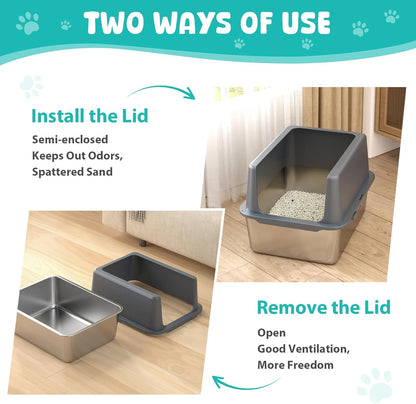 Litter Box with Lid, Stainless Steel Litter Box, 12" Metal Litter Pan High Sides, Small Litter Tray for Kittens, Cat Litter Tray Covered Grey, Easy Clean