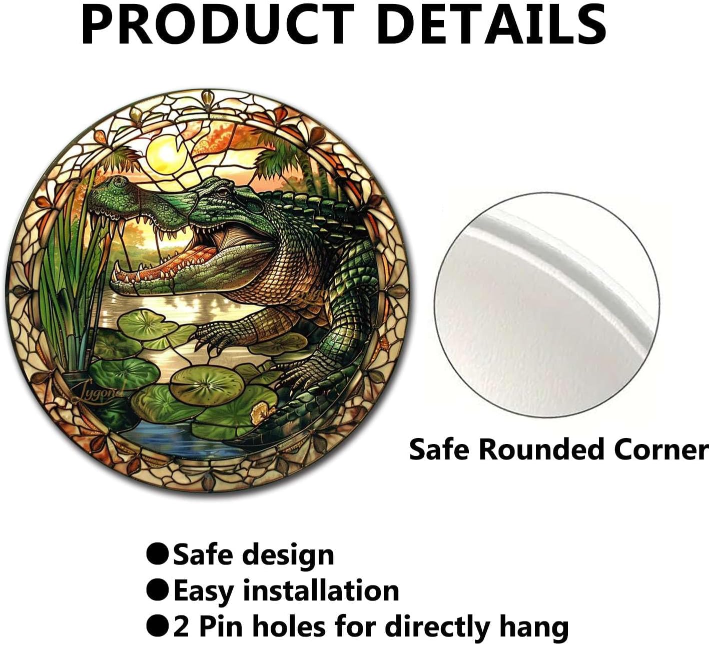 Lygond Metal Sign Tin Sign Circular Stained Glass Alligator Tin Signs for Garden for Pub 8×8 Inches
