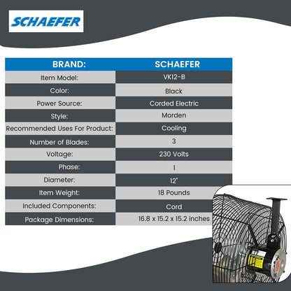 Schaefer VK12-B VersaKool Air Circulator Ceiling Wall Mount Greenhouse Fan & Aluminum Blade, 1470 CFM, 1/10 hp, Energy-Efficient Commercial Fan for Patio, Garage, Industrial & Workshop (Black)