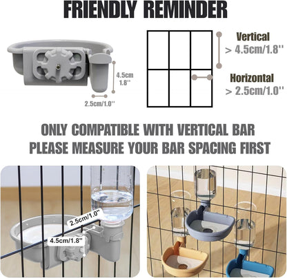 Automatic Pet Food Water Dispenser, Auto Gravity Pet Feeder Water Bottle Set for Crate, Feeding Station for Small Dog Cat Rabbit Guinea Pigs Chinchilla Ferret Hedgehog (Gray)