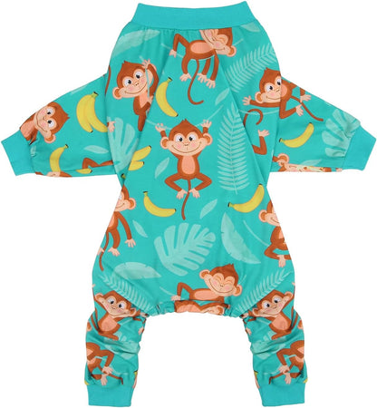 HDE Dog Pajamas One Piece Jammies Jumpsuit Pet Clothes Outfit Stretchy Lightweight Comfy Shirt Pjs for M-3XL Dogs Monkeying Around - XL
