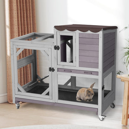 Aivituvin Rabbit Cage Indoor Outdoor Bunny Hutch on Wheels, 2 Story Wood Guinea Pig Cages with 2 Deeper Pull Out Trays (Gray)
