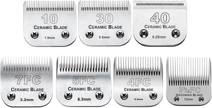 7pcs Dog Grooming Blades Compatible with Andis/Wahl/Oster Dog Clippers,Detachable Ceramic Blade & Stainless Steel Blade,Size:#3FC+4FC+5FC+7FC+10+30+40