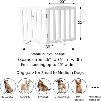 ZJSF Foldable Freestanding Indoor Dog Gate for House Wood White Long Pet Gates Dog Fence for Stairs Puppy Gates for Hallways,Pet Fence, Puppy Gate,Support Feet Included 32 "Height-2 Panels