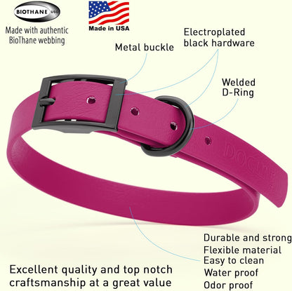 Dogline Biothane Waterproof Dog Collar Strong Coated Nylon Webbing with Black Hardware Odor- Proof for Easy Care Easy to Clean High Performance Fits Small Medium or Large Dogs, Magenta Pink