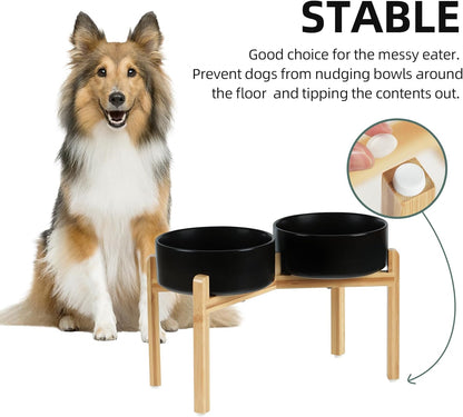 Ceramic Raised Double Bowls Set with Stand, Food & Water Bowls for Large Breed Dogs, Weighted Dog Dishes, Pet Bowl(8.2'',60OZ, Black)