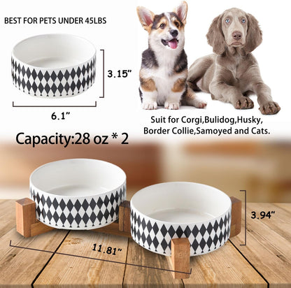 Petygooing Ceramic Dog Cat Bowl Set with Stand, Pet Food and Water Dishes,Small Dog Bowls Anti-Slip Set of 2 Cat Bowls-Pet Food Bowl- Pet Dish Small Medium Size Pet (28OZ/6.1 in) Black Rhombus