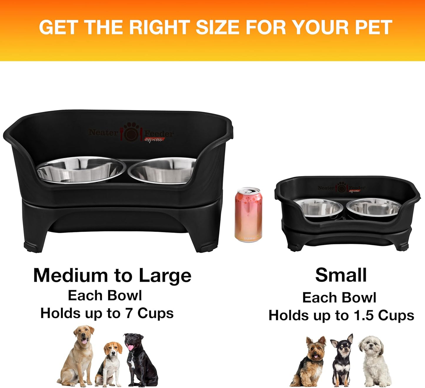 Neater Feeder Express Mess Proof Dog Bowls Elevated for Small Breeds Under 15 Lb, Made in USA, No Spill Raised Dog Food Bowl Stand, Stainless Steel Food and Water Bowl Set, Feeding Station, Black