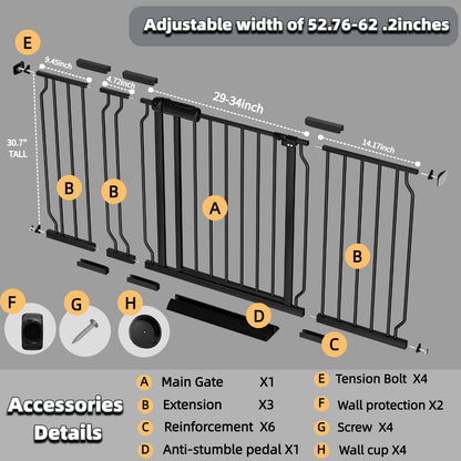 TSAYAWA Walk Through Baby Gate with Door, 52.76~62.2 Inch Wide Presure Mounted No Drill Metal Auto Close Child Gate for Stair Doorway - Indoor Outdoor Safty Gate for Toddler Dog Doggie, Black