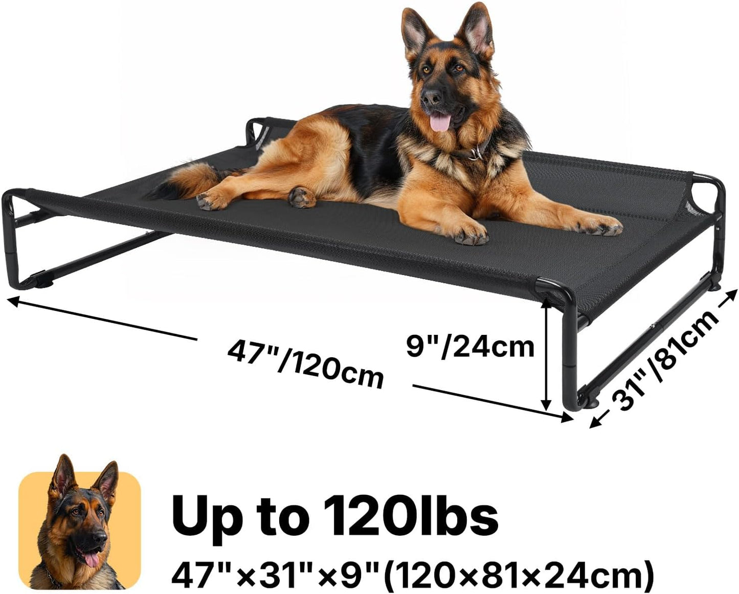 Veehoo Original Outdoor Elevated Dog Bed, Cooling Raised Dog Cot for Large Dogs, Portable Standing Pet Hammock Platform with Washable Breathable Mesh, No-Slip Feet, X-Large, Black, CWC2201