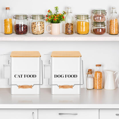 Tioncy 2 Pcs Metal Dog and Cat Food Storage Containers Big Pet Food Containers with Bamboo Lids and Spoon Airtight 5-7 Lbs Dog Cat Treat Snack Jars with DIY Labels for Kitchen Counter(White)