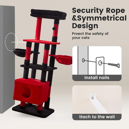 Gardner Pet 65in Heavy Duty Cat Tree Tower for Large Cats, Multi-Level Cat Furniture with Replaceable Sisal Scratching Post, Hammock | Extra-Large Platform & Condo (Black Red, Basic φ:2.84")