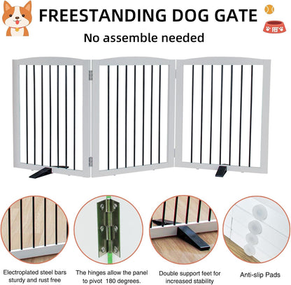ZJSF Freestanding Panel Dog Gate for Indoor, Doorways,Stairs, or Hallways,Foldable Wooden White Pet Gates for House,Pet Gate for Dogs,Dog Fence, Puppy Gate,Support Feet Included,24 "Height-3 Panels