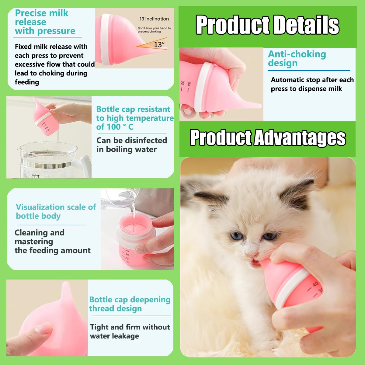 Kitten Bottles for Nursing,Puppy Bottles for Nursing Puppy Milk, Anti-Choking Puppy Feeder Design, 2 Extra Replaceable Silicone Nipples for Convenient Replacement (Green)