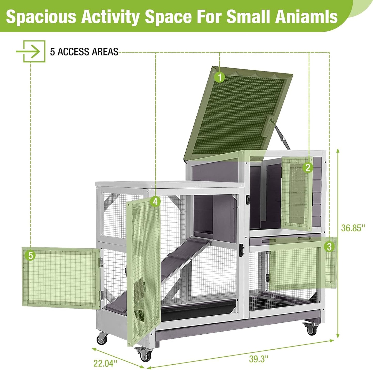 GUTINNEEN Rabbit Hutch Indoor Outdoor 2 Story Bunny House on Wheels Wood Rabbit Cage with 2 Pull Out Trays Guinea Pig Cage (Gray)