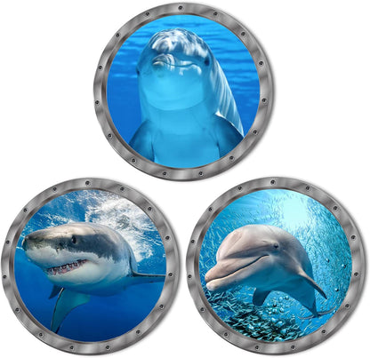 Ocean Animals World Under Sea Decor Includ Dolphins Sharks 3 Pcs Removable 3D Peel and Stick Vinyl Stickers for Bathroom,Wall Decor,Wall Stickers,Bedroom,Furniture