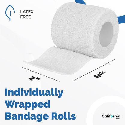 California Basics Self Adhesive Bandage Wrap - Self Adhering Non Woven Cohesive Bandage Rolls - Stretch Wrap - Multi Colored Athletic Tape for Wrist - Waterproof (2 inch- 12 Pack- White)