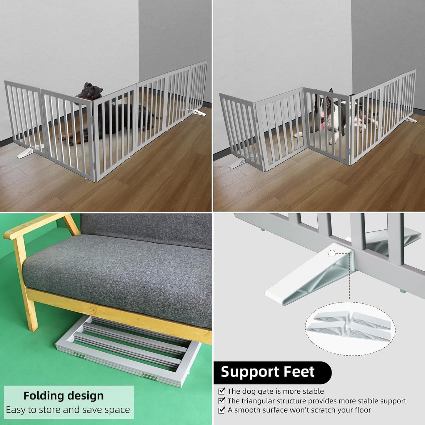 ZJSF Freestanding Indoor Dog Gate for House Foldable Wood Puppy Gate for Doorways Pet Gate for Stairs Extra Wide Pet Fence, Grey, 32" Height 6 Panels