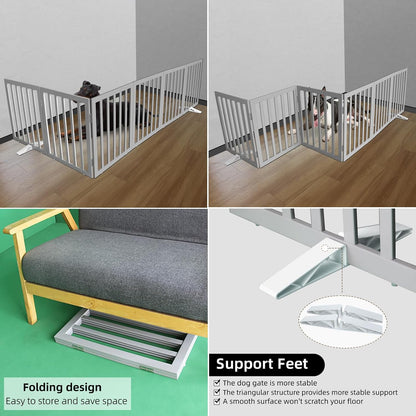 ZJSF Freestanding Indoor Dog Gate for House Foldable Wood Puppy Gate for Doorways Pet Gate for Stairs Extra Wide Pet Fence, Grey, 24" Height 6 Panels