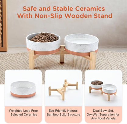 SPUNKYJUNKY Elevated Dog Bowls Ceramic, 5.1'' Dogs and Cat Food Water Bowls Raised with Non-Slip Bamboo Stand for Puppy Small Sized Breed Microwave Dishwasher Safe - 13.5 OZ,Pattern White