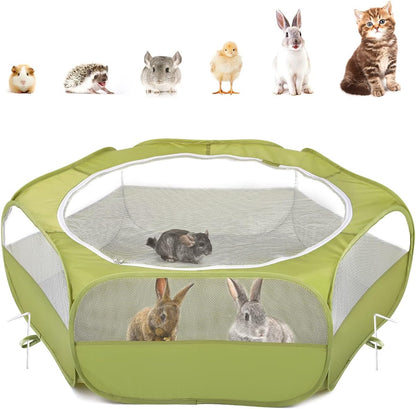 Pawaboo Small Animals Playpen, Waterproof Small Pet Cage Tent with Zippered Cover, Portable Outdoor Yard Fence with 3 Metal Rod for Chick/Kitten/Puppy/Guinea Pig/Rabbits/Hamster/Chinchillas,Green