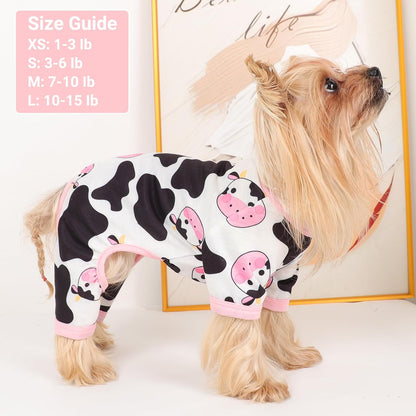 Dog Pajamas Small Sized Dogs Stretchable Summer Dog Clothes Pjs 4 Legs Girl Boy Cute Soft Puppy Outfits Doggie Cat Jammies Jumpsuit Sleeper for Pet, Pink Cow, L