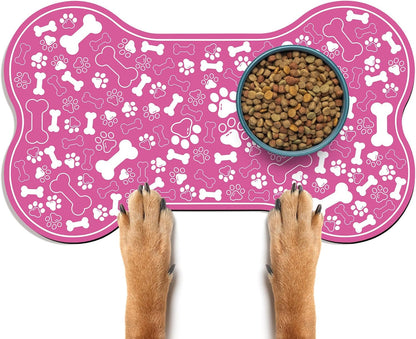 Dog & Cat Food Mat Bone Shaped Pet Feeding Mat Quick Absorb Water Bowl Placemat with Rubber Backing Indoor Floor Stain Resistant Pet Accessory Supplies (Pink, 17x29 Inches)