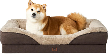 EHEYCIGA Memory Foam Dog Bed for Large Sized, Orthopedic Dog Sofa with Sides and Waterproof Liner, Washable Bolster Pet Bed Couch with Removable Cover, 36x27x7 Inch, Brown