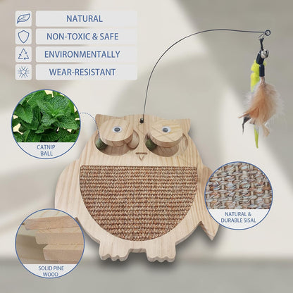 Petest Interactive Cat Toy Natural Sisal Cat Scratcher Toy with Catnip Balls, Owl Design