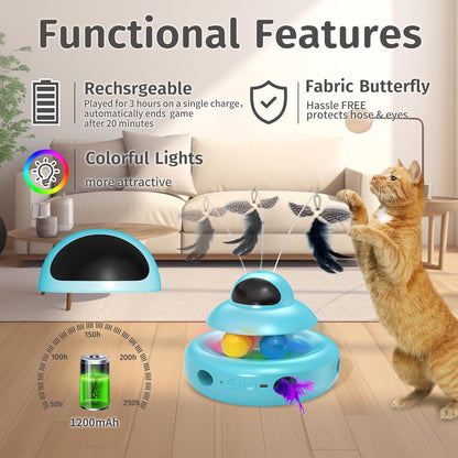 Cat Toys,4-in-1 Automatic Kitten Toy for Bored Indoor Adult Cats,lectric Flying Butterfly,Whack a Mole,Feather Track Balls,Blue