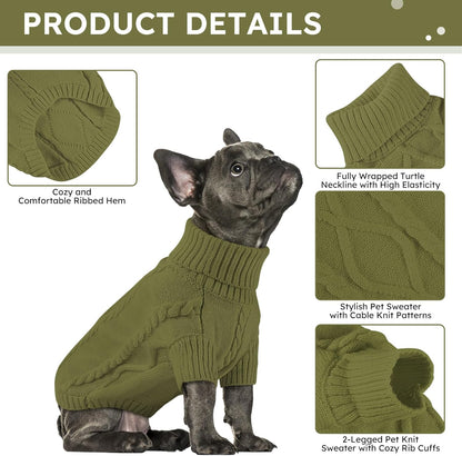 Queenmore Small Dog Pullover Sweater, Cold Weather Cable Knitwear, Classic Turtleneck Thick Warm Clothes for Chihuahua, Bulldog, Dachshund, Pugl,OliveGreen,L