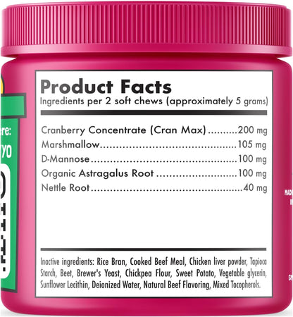 Cranberry UTI Chews for Dogs Bladder Support + D-Mannose Supports Kidney Urinary Tract and Bladder Health Natural Cranberry Wellness Supplement Immune System Booster Natural Pet Antioxidant 120 Chews