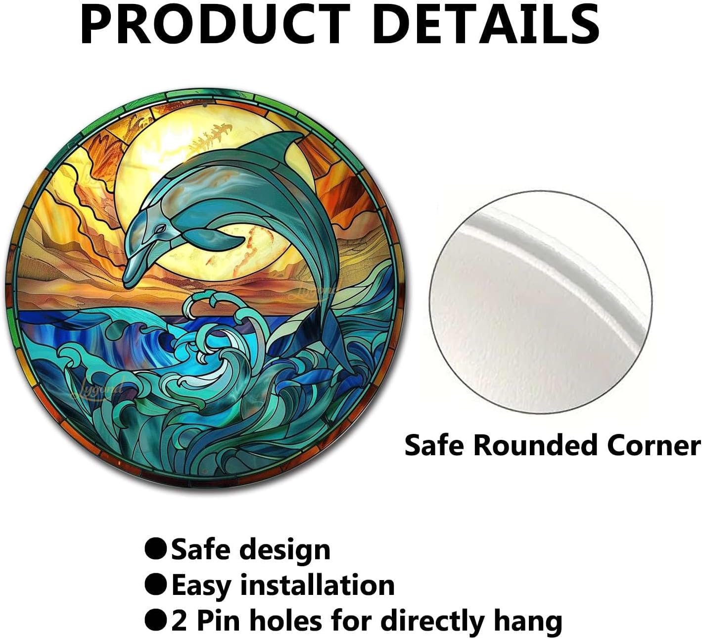 Lygond Metal Sign Tin Sign Circular Stained Glass Dolphin Gardening Decor Gift for Bar 12×12 Inches