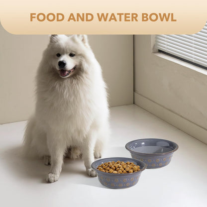 Ceramic 8.7inch Dog Bowl for Large Dog, Basic Food and Water Bowl for Replacement, Wide Opening Rounded Edge(Single Bowls, Reactived Glaze -Grey)
