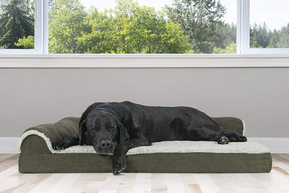 Furhaven Cooling Gel Dog Bed for Large Dogs w/ Removable Bolsters & Washable Cover, For Dogs Up to 95 lbs - Two-Tone Plush Faux Fur & Suede L Shaped Chaise - Dark Sage, Jumbo/XL