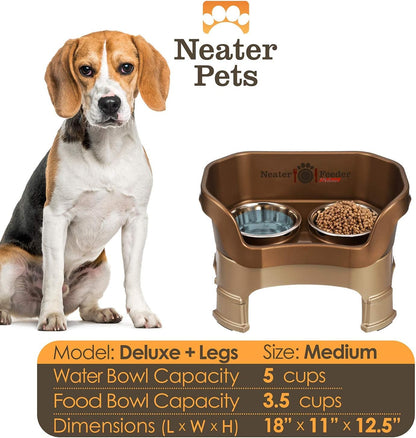 Neater Feeder Deluxe Mess Proof Dog Bowls Elevated Medium Sized Dogs (19-40 lbs) Made in USA, No Spill Raised Dog Food Bowl Stand w/Leg Extension, Stainless Steel Food and Water Bowl Set, Bronze