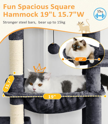 Cat Tree Large Cat Tower Tree 68" Multi-Level Cat Tower for Indoor Cats with Sisal Scratching Posts, Widen Cat Perche, Square Hammock, 2 Widen Condos, Scratching Posts, Grey
