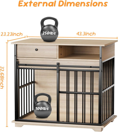 35.5" Dog Crate Furniture, Wooden Dog Crate Furniture for Medium Small Dogs, Wooden Dog Kennel End Table with Drawer and Open Shelves, Sliding Door Dog Kennel Furniture