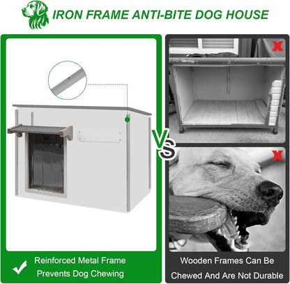 Dog House Outdoor Weatherproof & Wooden Dog Kennel with Chew-Proof Iron Frame，Removable Floor, Adjustable Vent Window, Easy Assembly for Large and Medium Dogs 43.3" D x 29.5" W x 33.5" H