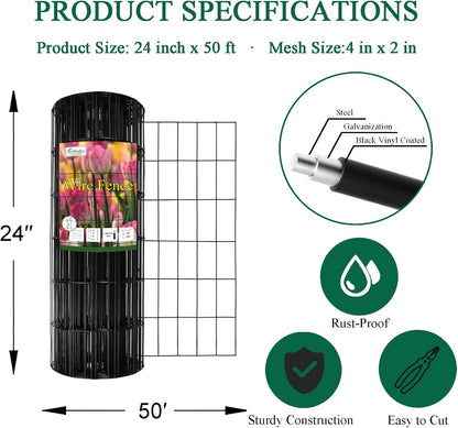 Black PVC Coated Welded Wire Fence 24 Inch x 50 Foot, 2 Inch x 4 Inch 14GA, Garden Border Fencing Roll Vinyl Coated Wire Mesh for Yard Vegetable Plant Protection Poultry Netting