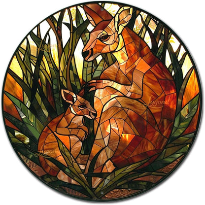 Lygond Metal Sign Tin Sign Circular Stained Glass Kangaroo Funny Bathroom Decor For Club 8×8 Inches